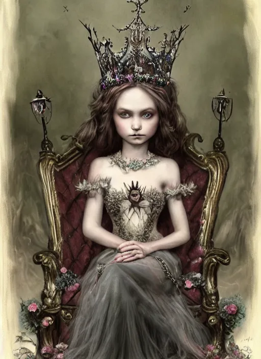 Image similar to highly detailed closeup, portrait of a gothic fairy princess wearing a crown and sitting on a throne, simple hands with straight fingers, unreal engine, nicoletta ceccoli, mark ryden, earl norem, lostfish, global illumination, detailed and intricate environment