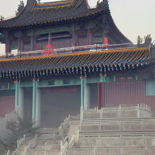 Prompt: in the morning light, the misty chinese architecture is very beautiful under the clouds, light effect