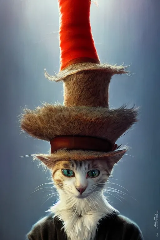 Prompt: complex 3 d render, hyper detailed, ultra sharp, of the cat in the hat, scary, cinematic, natural soft light, rim light, art by greg rutkowski and artgerm and beksinski, dr seuss