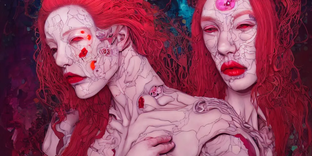 Image similar to full view portrait of a pale cyborg woman crying, in the style of jin kagetsu and james jean, background by beatriz milhazes, highly detailed, big glowing eyes, pink hair, red lipstick, face symmetry, masterpiece, sharp focus, realistic intricate concept art, dramatic lighting, 8 k