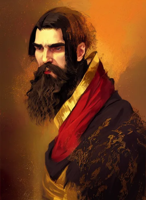 Image similar to character concept portrait of an attractive bearded young Rasputin dressed in a black, gold, and crimson robe with hood. Action pose. intricate, elegant, digital painting, concept art, smooth, sharp focus, illustration, from Metal Gear, by Ruan Jia and Mandy Jurgens and William-Adolphe Bouguereau, Artgerm