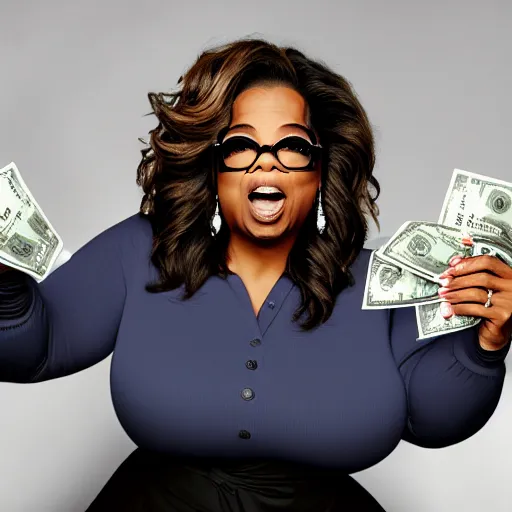 Image similar to oprah screaming, holding dollar bills, in studio
