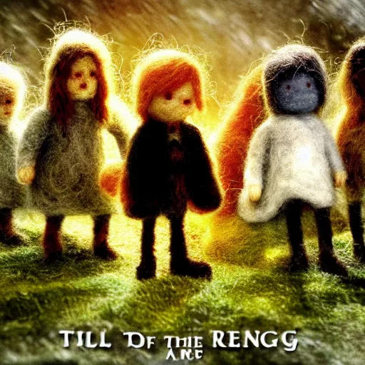 Image similar to needle felted fellowship of the ring movie poster, highly detailed, tilt shift, eerie, hyperrealism, highly textured, god rays