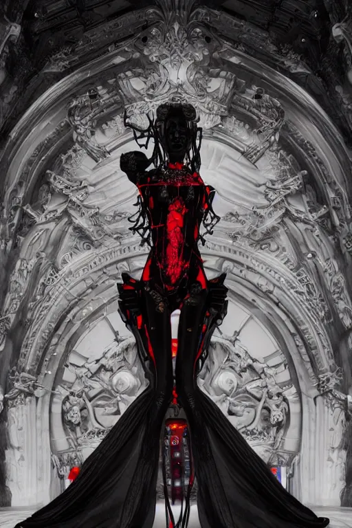 Prompt: full-body cyberpunk style sculpture of a young beautiful dark priestess, half android with a head opening exposing circuitry, glowing red eyes, black roses, flowing blood red colored silk, fabric, candles. baroque elements, human skull. full length view. baroque element. intricate artwork by caravaggio. crows flying in background. Trending on artstation, octane render, cinematic lighting from the right, hyper realism, octane render, 8k, depth of field, 3D