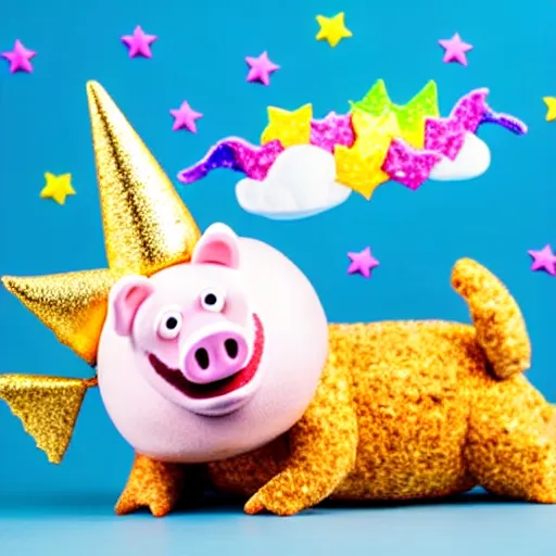 Image similar to studio photograph of a happy pig flying with wings with a unicorn horn depicted as a muppet wearing a gold crown eating pork rind snacks