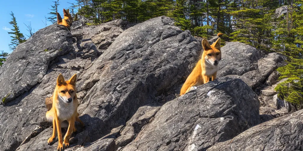 Image similar to a dingo poses on the precipice trail on mt. champlain in maine, ocean background, ladders