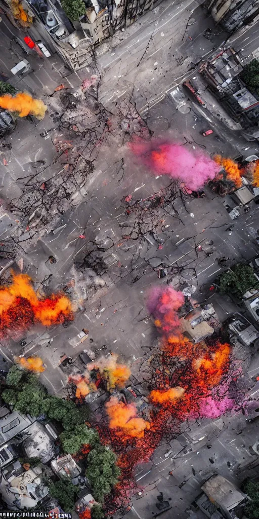 Image similar to post - apocalyptic kreuzberg streets covered in colorful smoke, burned cars, explosions, hyperrealistic, gritty, damaged, drone photography, photorealistic, high details