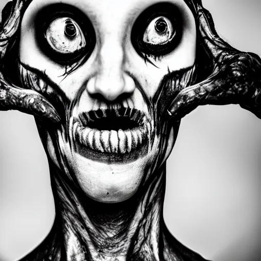 Image similar to artistic photoshoot of a mothan hybrid, grotesque, body horror, mutant shaming, creepy, terrifying, 8 k hdr 8 0 mm wide angle portrait, high contrast black and white, insectoid n