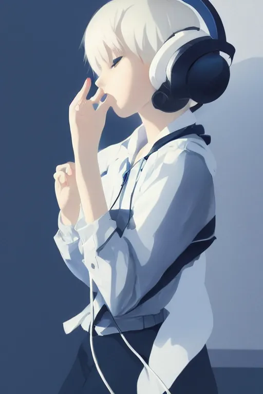 Image similar to a cute young woman listening to music with her eyes closed and wearing headphones by Ilya Kuvshinov and Range Murata, white bob cut hair, blue filter, blue and white, soft lighting, atmospheric, cinematic atmosphere, moody, Krenz Cushart, digital painting, 8k