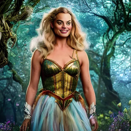 Image similar to margot robbie as a beautiful fairy, 8 k resolution hyperdetailed photo realistic, extremely high quality and life like