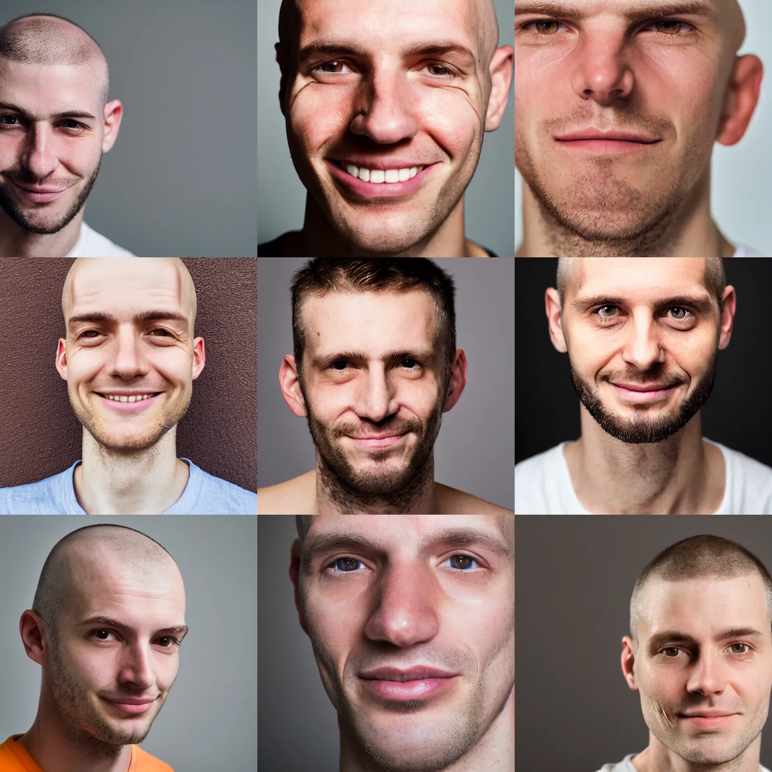 Prompt: close-up portrait of a thin white man late-twenties with a shaved head. Light orange facial hair. Squinty eyes