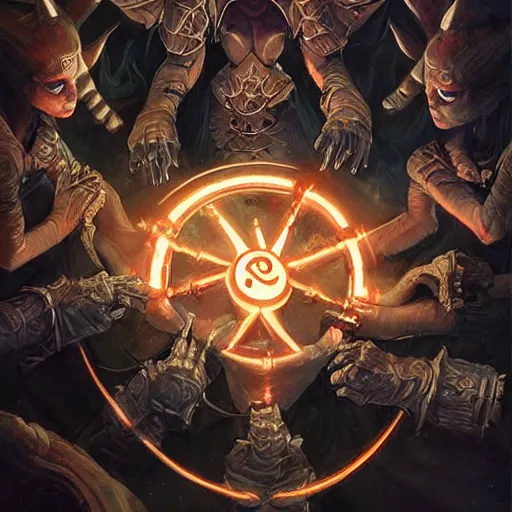 Prompt: female acolytes using demonic summoning circle to summon a demonic knight. incredible detail. by magali villeneuve and by wlop