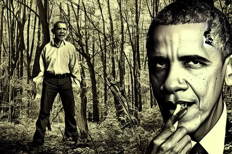 Prompt: barack obama is hunting you in the woods at night, horror, grainy, found footage, monster, photo