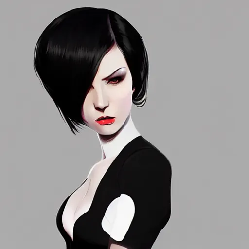 Image similar to slim killer girl in tuxedo with black bob hair, elegant, 2d, ultra highly detailed, digital painting, smooth, sharp focus, artstation, art by Ilya Kuvshinov