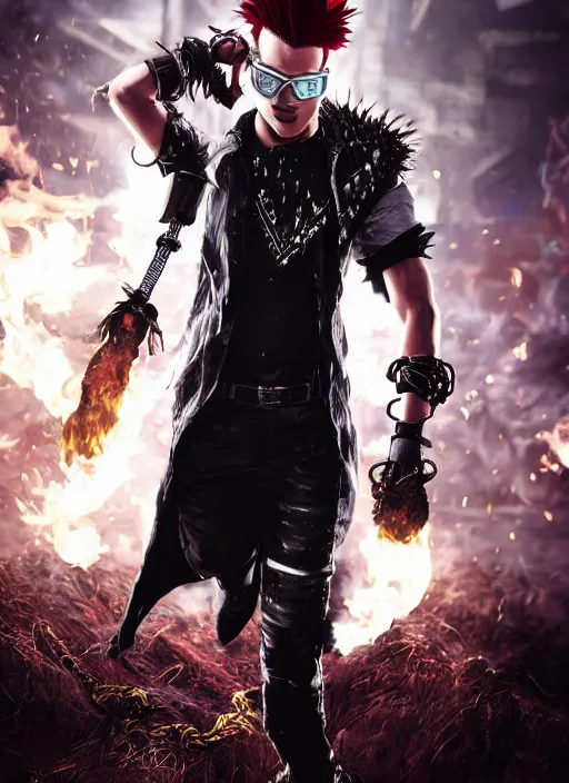 Image similar to An epic fantasy comic book style portrait painting of young man with long red spiked hair. Wearing a black waistcoat, white shirt, using googles. Rockstar. Blasting fire on his hands. Unreal 5, DAZ, hyperrealistic, octane render, cosplay, RPG portrait, dynamic lighting