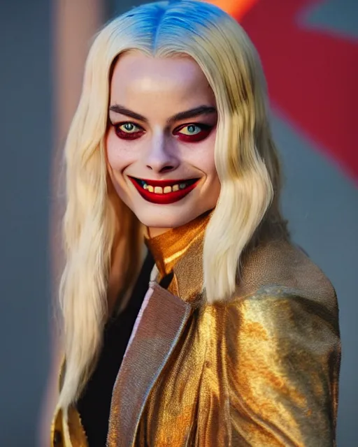 Image similar to 3 5 mm photo of elegant suicide squad margot robbie that looks like harley quinn, long blonde hair and big eyes, beautiful smile, finely detailed perfect face, standing on the wet street at sunset, ambient golden hour sunset lighting,