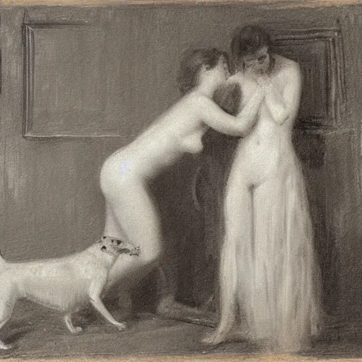 Prompt: young lady being scared by an undead dog while in the bath by alfred stevens in charcoal