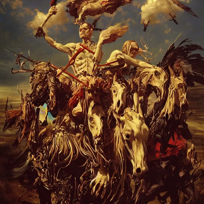 Prompt: horsemen of the apocalypse, bones, skulls, smoke, a flock of crows, snakes, smoke, flames, full-length, oil painting in a renaissance style , very detailed, red background, painted by Caravaggio, Greg rutkowski, Sachin Teng, Thomas Kindkade, Alphonse Mucha, Norman Rockwell, Tom Bagshaw.