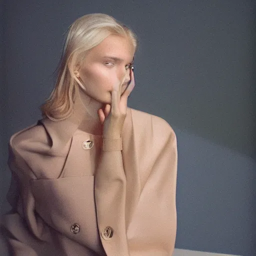 Image similar to realistic photoshooting for a new balenciaga lookbook, color film photography, portrait of a beautiful blonde woman, in style of Alexandra Leese, 35mm, film photo