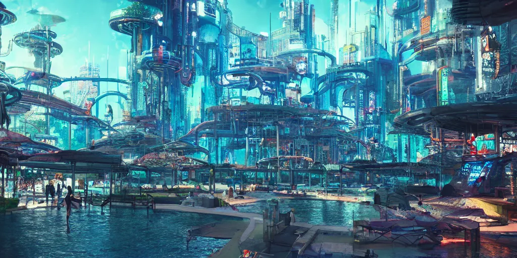 Image similar to cyberpunk water park, realistic 4k octane beautifully detailed render, 4k post-processing, highly detailed, intricate complexity, epic composition, magical atmosphere, cinematic lighting, masterpiece, ultra hd