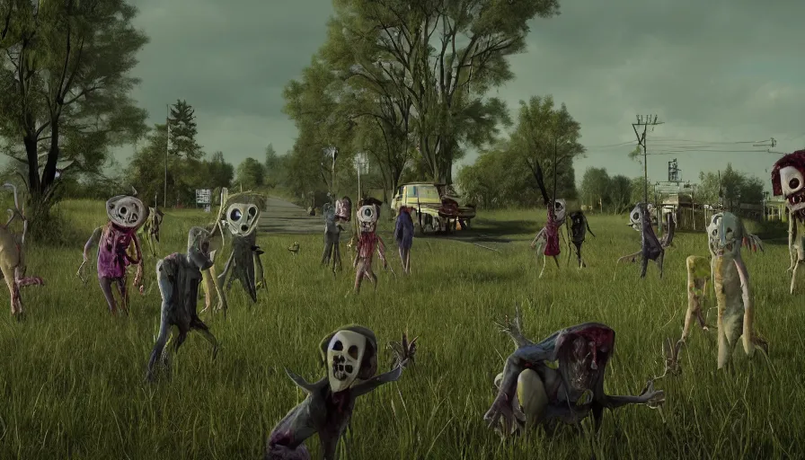 Image similar to night of the living dead by lisa frank's. rotting corpse, zombies, octane render, unreal 5 8 k depth of field, highly - detailed, in the style of squidbillies