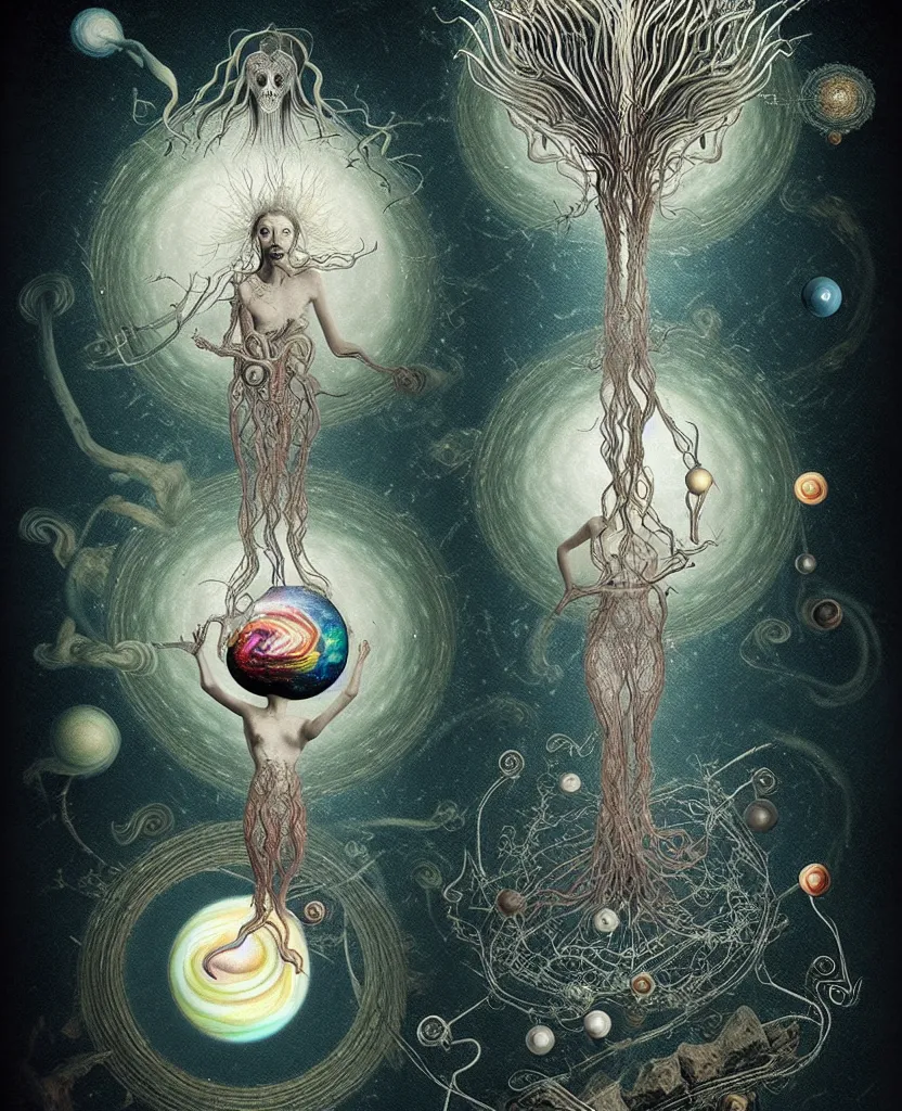 Image similar to whimsical uncanny creature radiates a unique canto'as above so below'ignited by the spirit of haeckel and robert fludd, breakthrough is iminent, glory be to the magic within, to honor jupiter, surreal collage alchemized by ronny khalil and stablediffusion