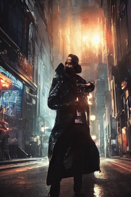 Prompt: in the foreground a Parisian street, in the background a dark-haired man from behind playing with swirls of energy coming out hands wearing a long matrix-style jacket, realistic, high definition, many details, dramatic scene, detailed hands and realistic, symmetrical face, realistic eyes, cyberpunk art 2077