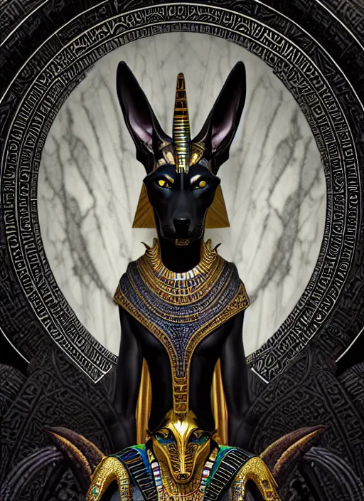 Image similar to sinister god anubis, growling jackal with egyptian headdress and nemes, ornate art nouveau marble throne room, black and silver palette, symmetrical background, fantasy, intricate, elegant, highly detailed, colorful, dark colors, dramatic shadow, digital painting, artstation, concept art, art by artgerm and greg rutkowski and ruan jia,