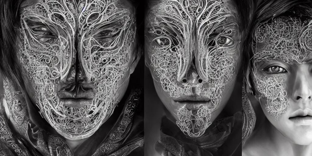 Image similar to hyper realistic photography of a stunningly beautiful cyborg male and woman, intimate, intricate filigree, in the style of beth cavener, jin kagetsu, and wlop, highly detailed, chrome face symmetry, masterpiece, award winning, sharp focus, concept art, high key, ambient lighting, 8 k, octane render,
