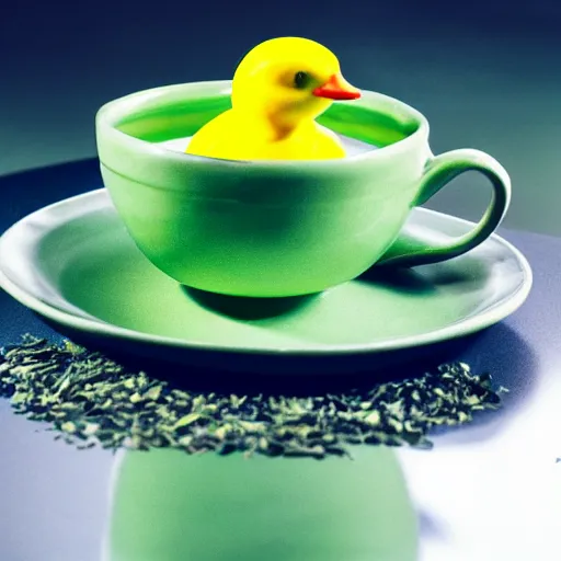 Prompt: a cup of green tea with a rubber duck bathing inside it