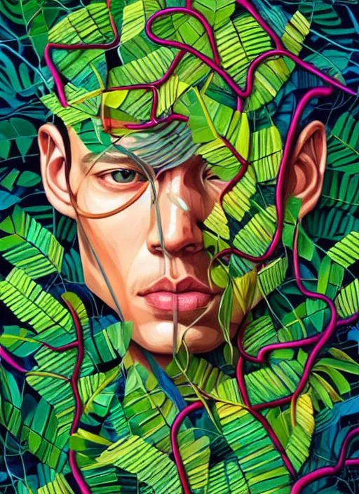 Prompt: brain made out of jungle leaves and vines, afremov, tristan eaton, victo ngai, artgerm, rhads, ross draws, hyperrealism, intricate detailed