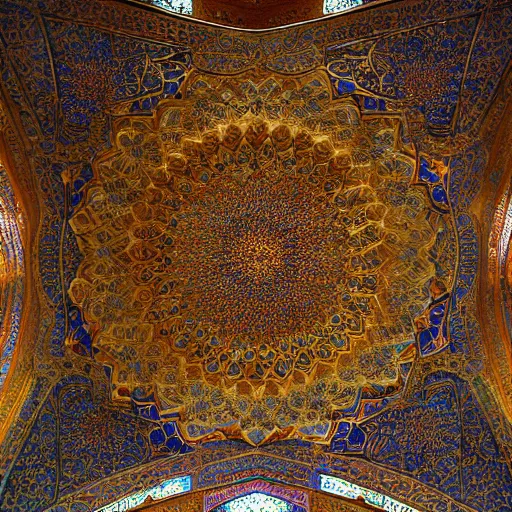 Image similar to photo of the ceiling of a muslim mosque iran. intricate. extremely detailed. 35mm 4k trending on flickr