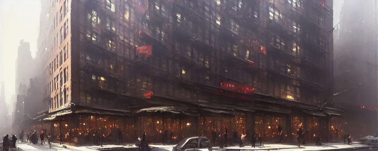 Prompt: building facade. storefronts. city block. new york. greg rutkowski