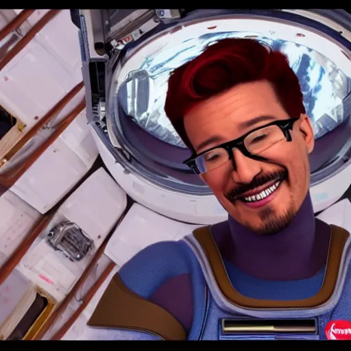 Image similar to Evil Markiplier looking out of the window of the International Space station with a smile on his face. Devilish markiplier unreal engine imagery with markiplier. Digital art from Nasa, trending on art station, created by beeple, complementary of the International Space Station.