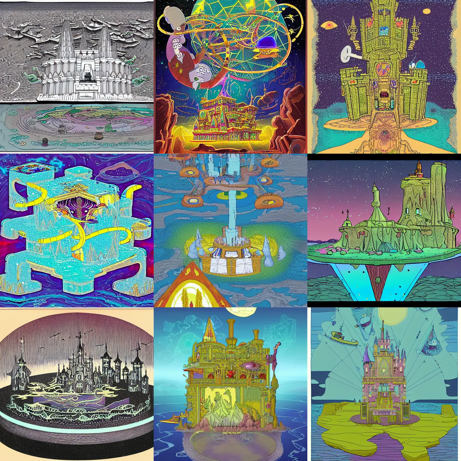 Prompt: a floating castle with tapestries of a gravimetric shear in spacetime viewed through the fractal lens of adalasion monotronics influenced by the art stile of sir herbert mazelfritz in the early romantic period, in the world of adventure time, rick and morty, the widespread economic collapse of the early 1 9 0 0's, man playing guitar,