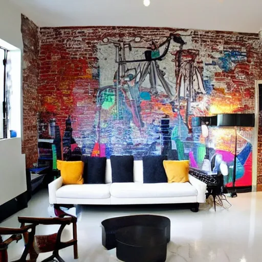 Image similar to trendy loft with modern murals on the wall, trendy modern art and patterns, interior design, stunning architecture