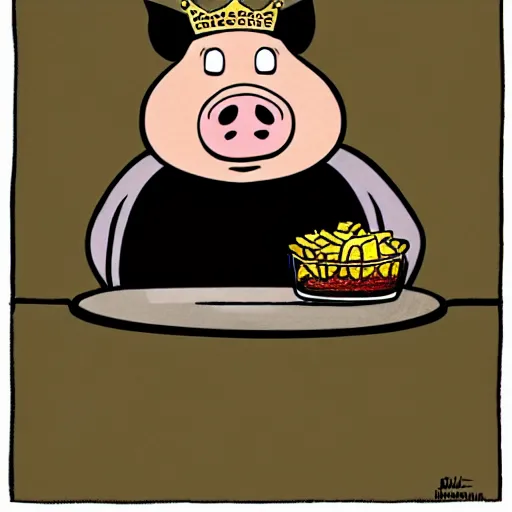 Image similar to comic art of a obese pig in a black tshirt wearing a crown eating snacks, drawn by Bruce MacKinnon, vivid color, cgsociety 4K