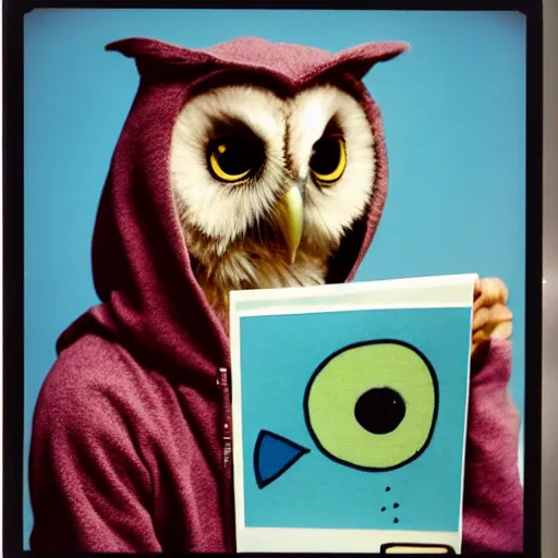 Prompt: close - up anthropomorphic owl in a hoodie, holding a magazine, 9 0 - s fashion, polaroid photo, by warhol,