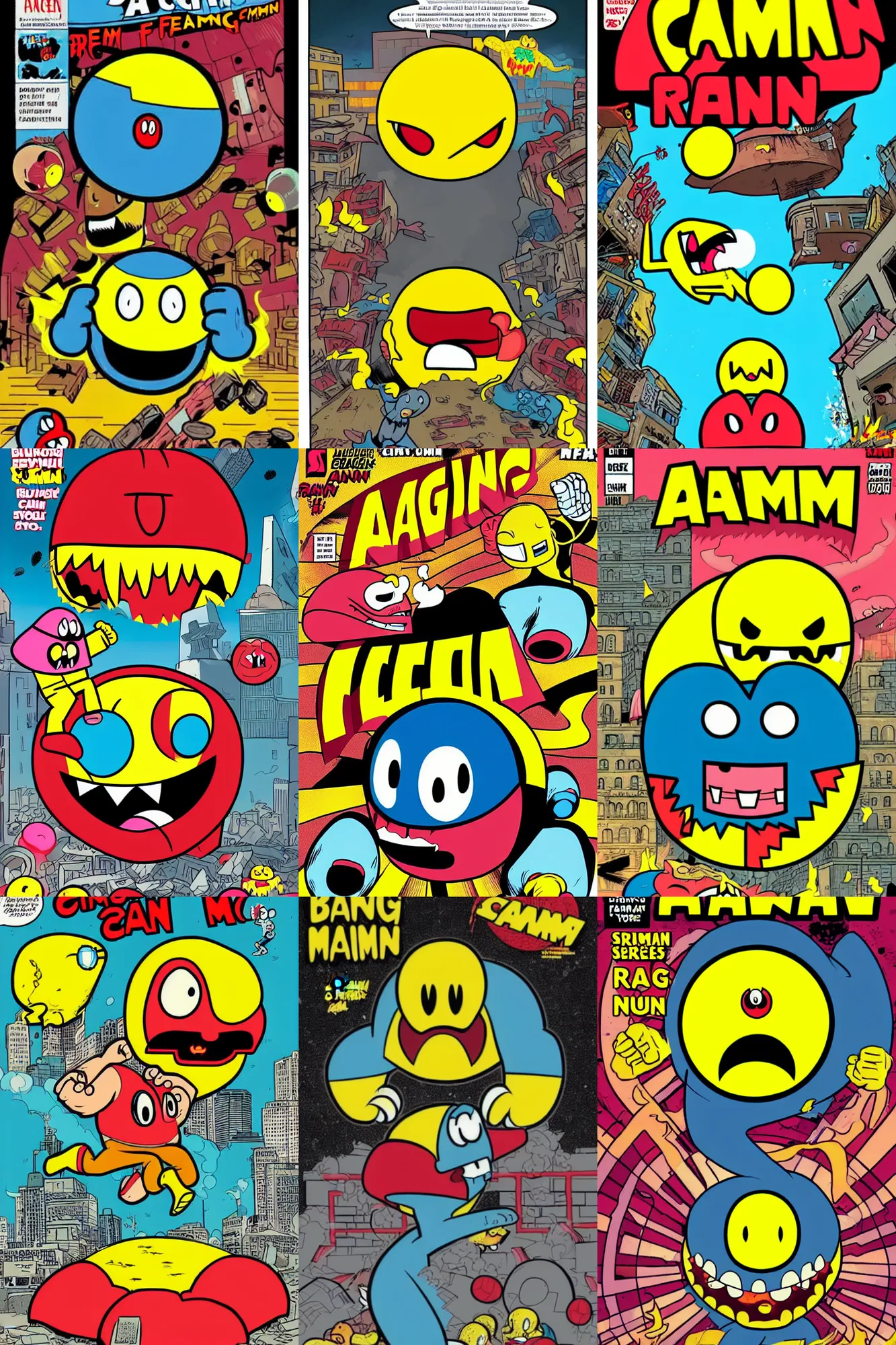 Prompt: a comics cover angry giant pacman runs on screaming fearful running people in ruined city