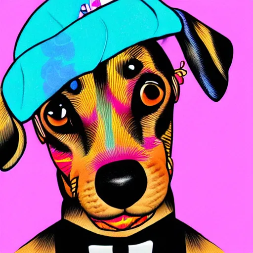 Image similar to lisa frank, mcbess illustration dachshund