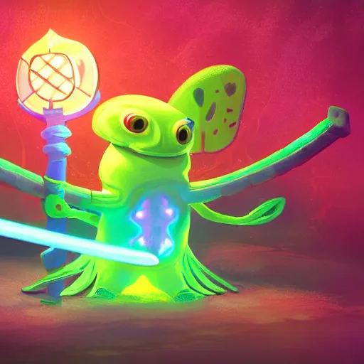 Prompt: uv-reactive fluorescent ultra-detailed anthropomorphic axolotl with a sword and a lantern, digital art, 4k HD, artstation HD