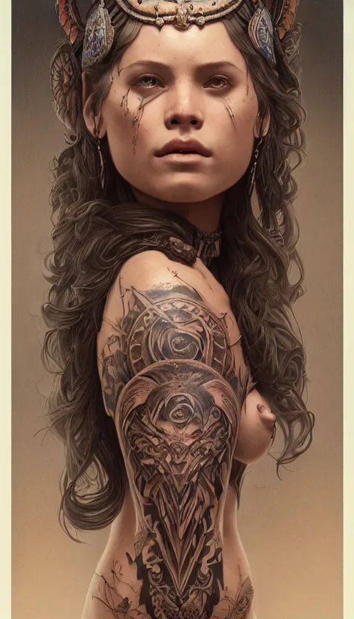 Image similar to fully tattooed girl, shaman clothing, ritual, fame of thrones, fibonacci, sweat drops, insane, intricate, highly detailed, surrealistic, digital painting, artstation, concept art, smooth, sharp focus, illustration, unreal engine 5, 8 k, art by artgerm and greg rutkowski and alphonse mucha