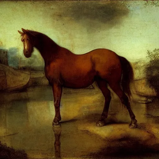 Prompt: a brown horse at the water park, renaissance, painting by rembrandt