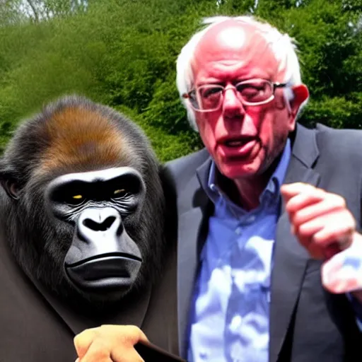 Prompt: bernie sanders wearing a gorilla costume