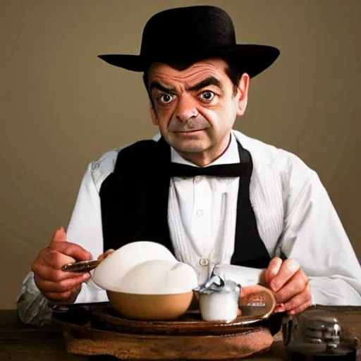 Prompt: a very serious amish rowan atkinson