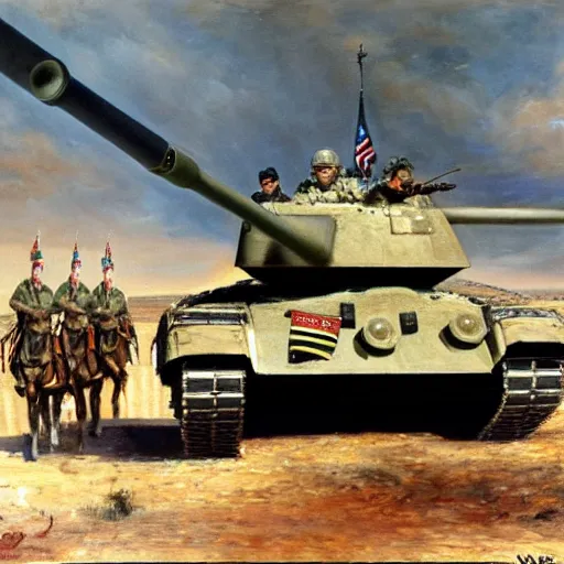 Prompt: George H.W. Bush rides in a tank leading his army against Iraq, oil on canvas, 1883