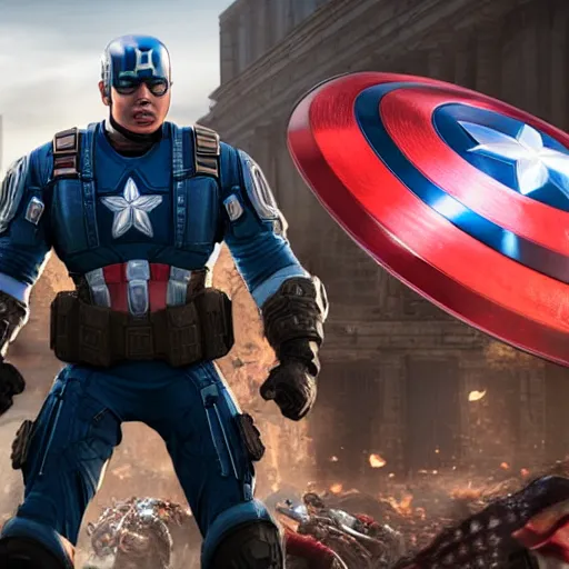 Image similar to Donald Trump as captain america in Gears of War, splash art, movie still, cinematic lighting, dramatic, octane render, long lens, shallow depth of field, bokeh, anamorphic lens flare, 8k, hyper detailed, 35mm film grain