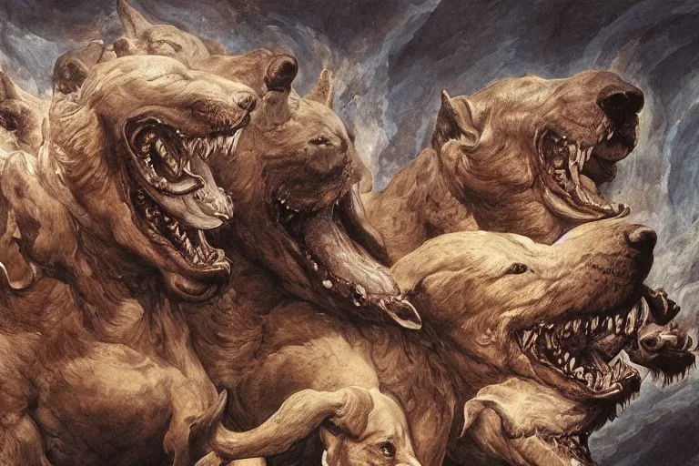 Image similar to hyperdetailed matte art of a three headed dog cerberus by william blake, greg rutkowski, amano, rene magritte, craig mullins, three headed dog cerberus, details