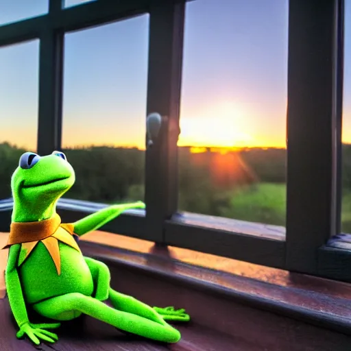 Prompt: Kermit the frog watching a nice sunset from his front porch , 8k , 4k , professional photography, award winning photo