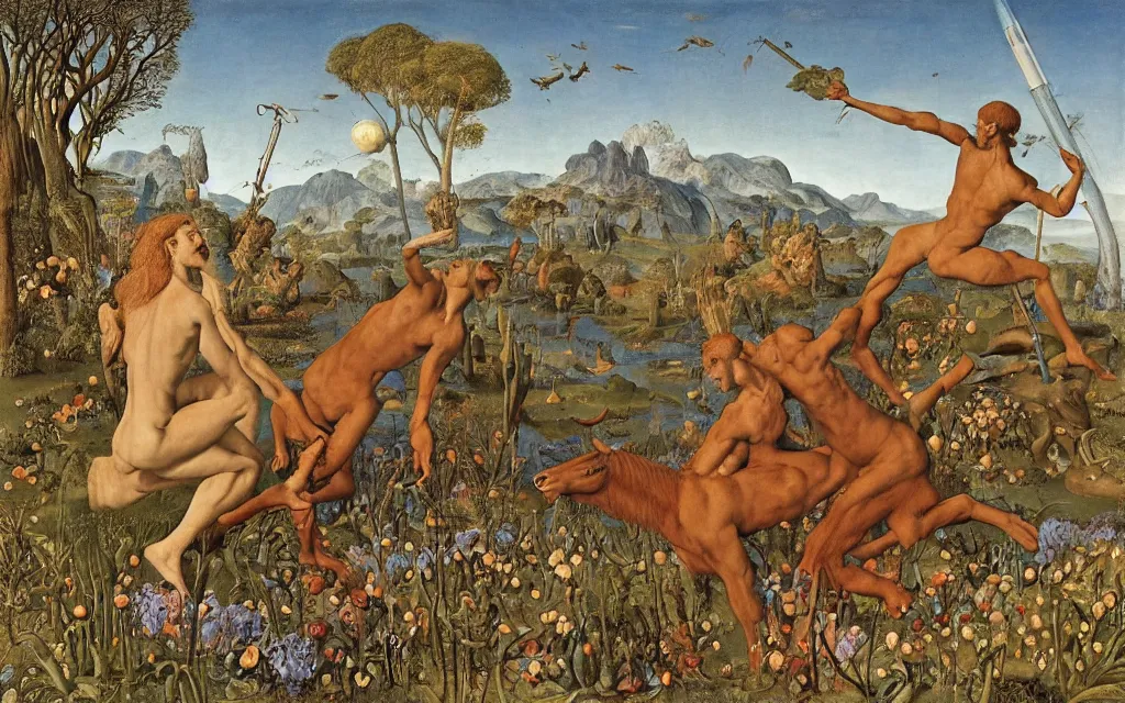 Image similar to a portrait photograph of a meditating satyr and a centaur monk riding a rocket machine and hunting at a river delta. surrounded by bulbous flowers and trees. mountain range under a blue sky of fiery stars. by jan van eyck, max ernst, ernst haeckel, ernst fuchs and artgerm, cgsociety, fashion editorial, 8 k